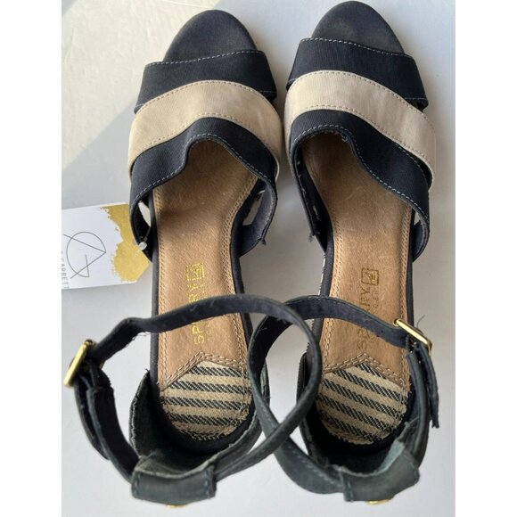 Sperry Top Sider Navy Blue & Tan Striped Wedge Heels, Size 8.5 (US) - Picture 2 of 9